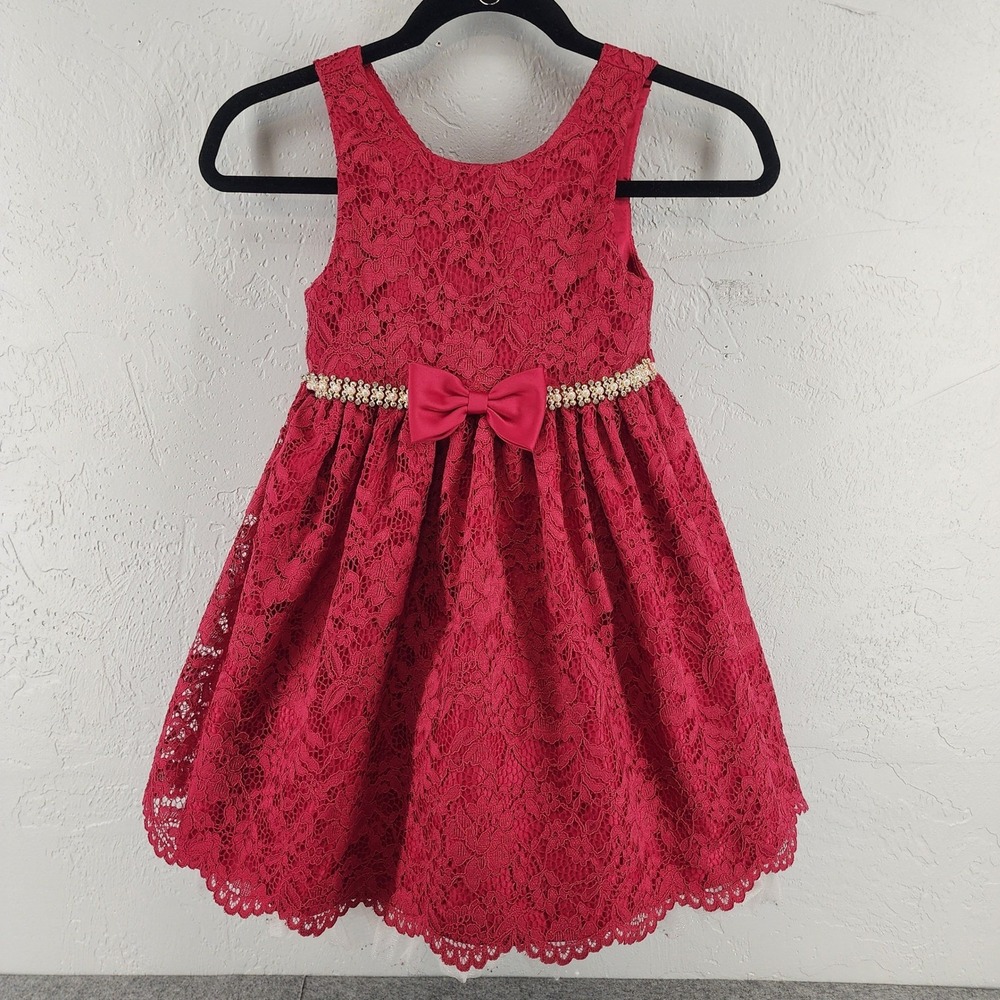 American Princess Red Lace Pearl Bow Tulle Holiday Party Dress Kids Size 7